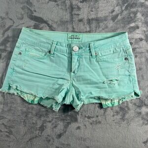 Aeropostale Womens Size 00 Teal Distressed Denim Cutoff Shorts Lining Frayed
